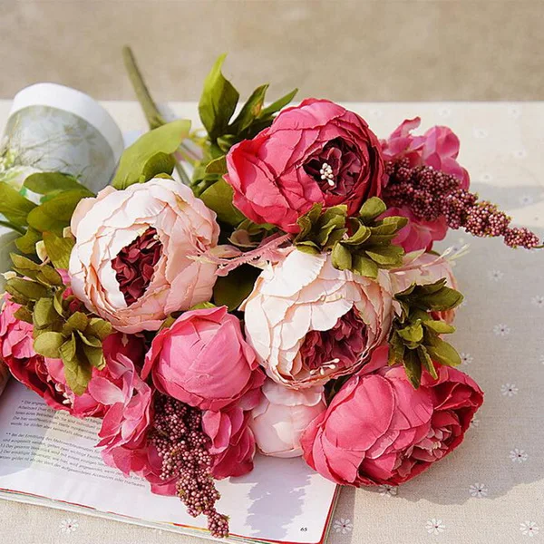 Европейский 1 букет, Шелковый Искусственный цветок, пион, яркий осенний шелк, имитация пиона, домашние Цветочные Декоративные цветы, венок - Цвет: 53cm red