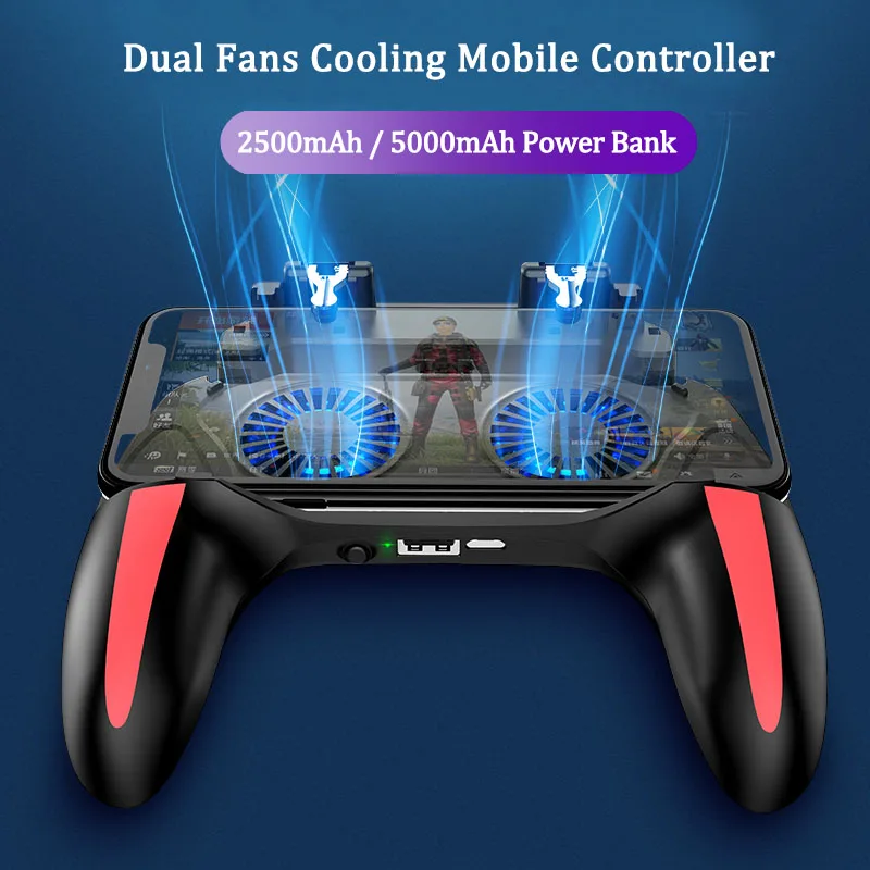 PUBG mobile controller with double fan cooling for iphone ios android phone game pad free fire with 2500mah / 5000mah power bank