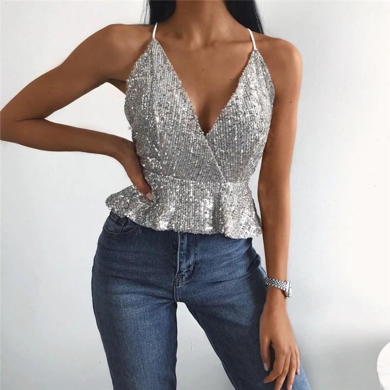 

Women Deep V Neck Sequin Backless Blouse Spaghetti Strap Club Crop Top Gold Sliver Ruffle Tank Vest