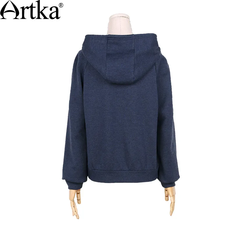  ARTKA Women's 2018 Autumn New Solid Color Ethnic Embroidery Hoodie Vintage Hooded Long Sleeve All-m