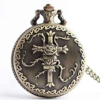 

Antique Bronze Flower Cross Rose Quartz FOB Pocket Watches Women Lady Pendant Necklace Chain Palace Rose Class