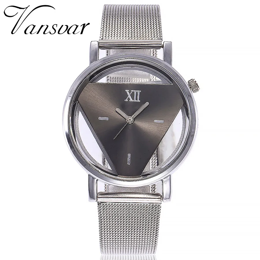 

Vansvar Fashion Women Silver Triangle Watch Casual Transparent Hollow Stainless Steel Mesh Quartz Watches Relogio Feminino 533