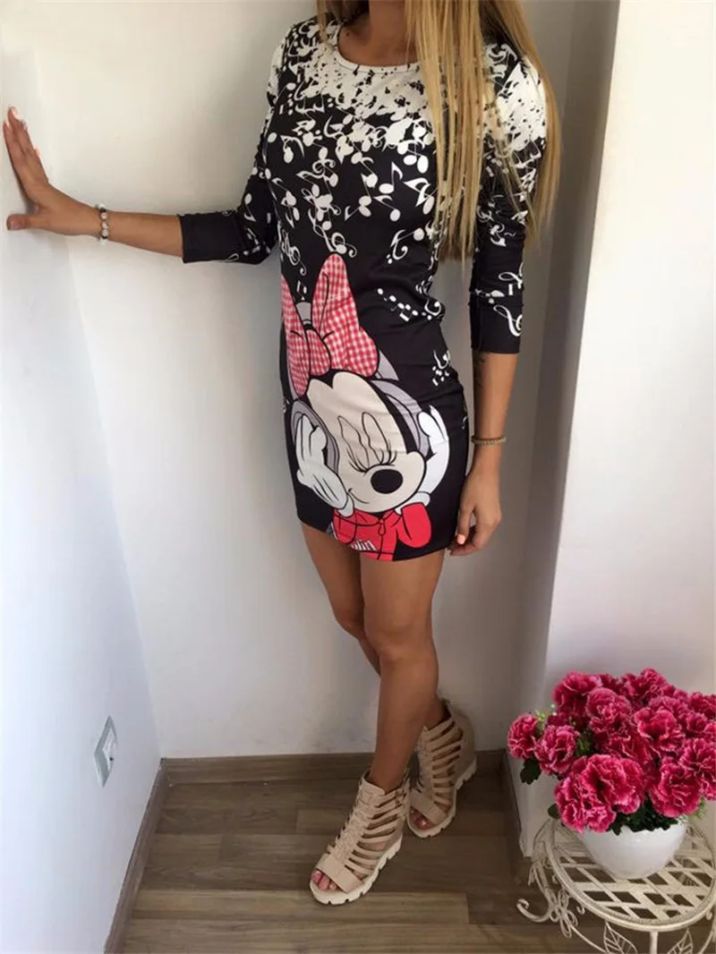 Sexy Bag Hip Women's Black Mini Dress Summer Five-point Sleeves Round Neck Slim Mickey print Temperament Elegant Women's Dress