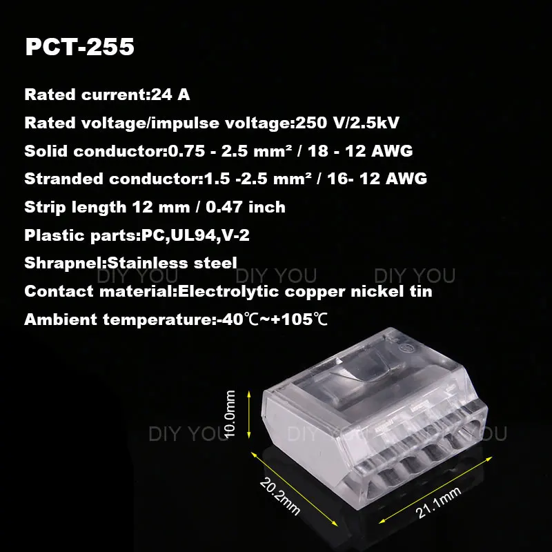 30/50/100 шт Укрась свою PCT-252/253/254/255 быстрая пуш-ап-в клеммный блок компактный проводной разъем 2/3/4/5Pin проводник AWG - Цвет: PCT-255