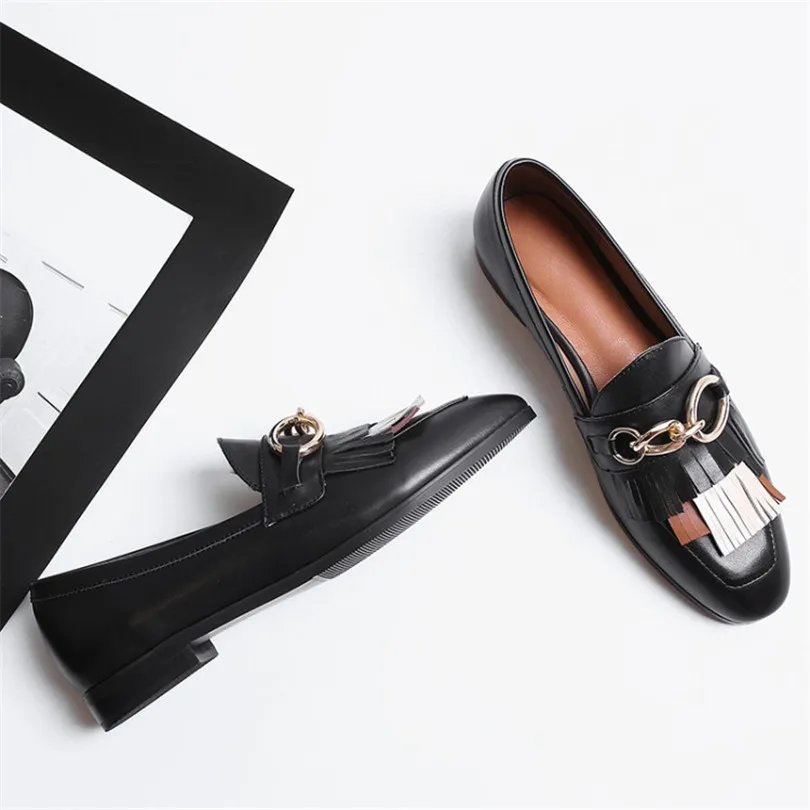 Talon Métal Véritable Femmes Décor En Concise Chaussures white Chaîne Zapatos Fringe Plat Mocassins Cuir Bout Occasionnels Black Tassel Rond Mujer BwCYx5Pq