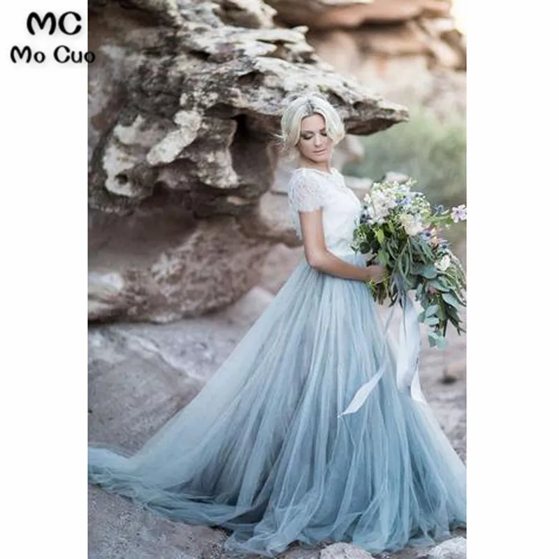 CAP SLEEVES WHITE LACE JACKET BABY BLUE TULLE PROM DRESSES EVENING GOWNS PARTY DRESS3333