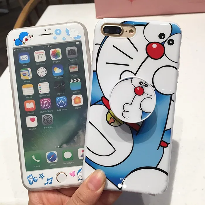 

Cute Cartoon Doraemon 3 in 1 Holder + phone Cases Cover + Tempered Glass Screen Protector for iphone X XS 7 7plus 8 6 6s plus
