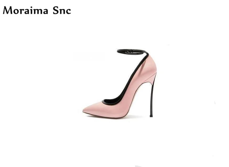 

Moraima Snc hot sales high heel sexy pointed toe metal Decoration shallow mixed colors Ankle strap buckle party shoes