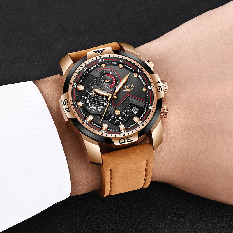  LIGE Mens Watches Top Brand Luxury Military Sport Watch Men Leather Waterproof Wristwatch Analog Qu