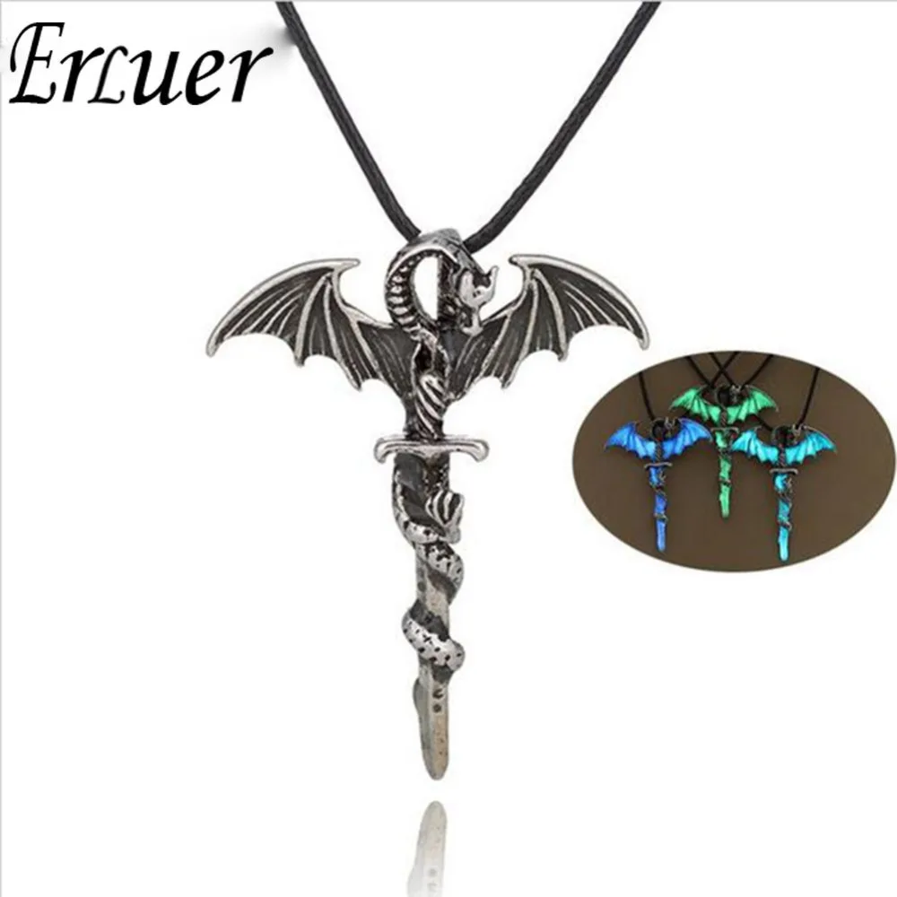 ERLUER Glow in the Dark Pendants Necklaces Gothic Style Dragon Cross Punk Luminous Gift jewelry Necklace For Women Men |