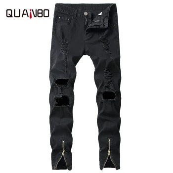 

QUANBO 2019 New Hole Ripped Streetwear Denim Pants Trousers Fashion Stretchs Slim Leg Opening Zipper Jeans Brand Men Black Jeans