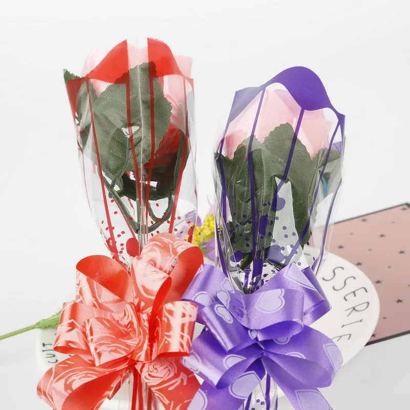 100pcs/lot 9*34cm Gift Packaging Transparent Poly Bag Colorful Heart Pattern Cellophane Bag for Rose Bouquet Flower Packaging