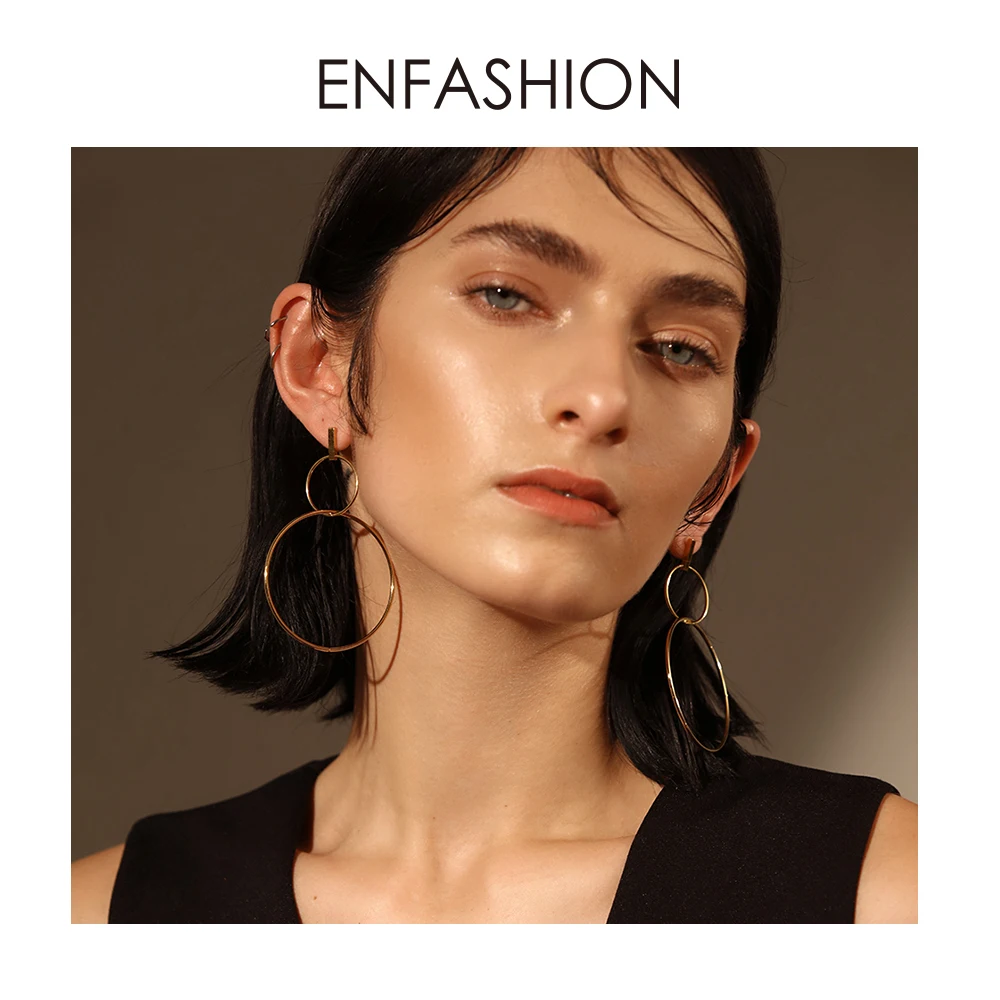 Enfashion Jewelry Geometric Circle Line Dangle Earrings Gold color Stainless steel Long Drop