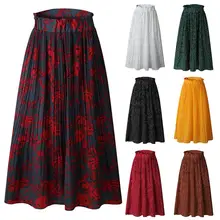 Мода женщин сладкий горошек цветочный принт Высокая талия плиссированные макси юбка с карманами