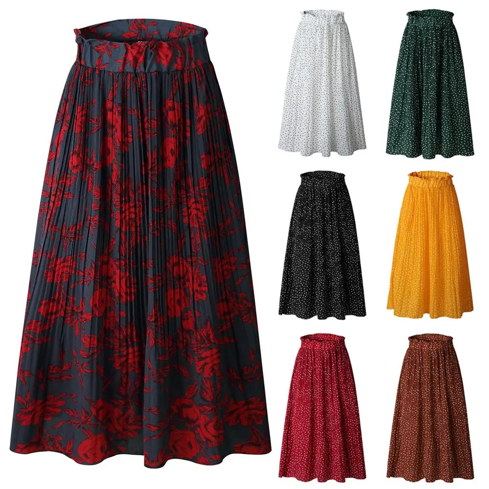 

Fashion Women Sweet Polka Dot Flower Print High Waist Pleated Maxi Skirt with Pockets