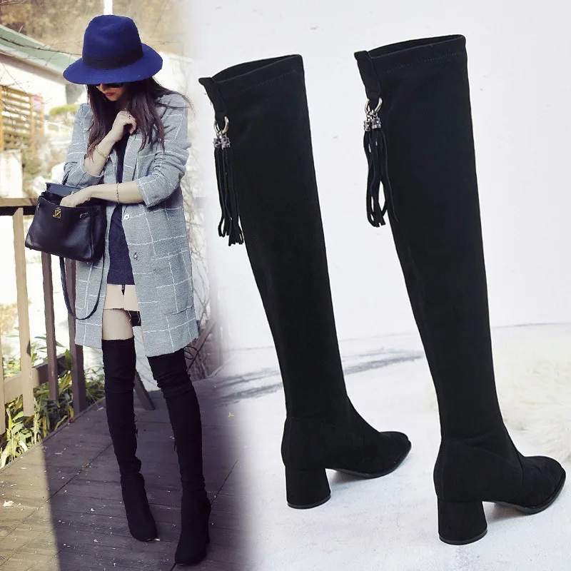 Boots women's high-heeled knee boots women's autumn and winter thick with 2018 new long boots plus velvet women's boots stovepip