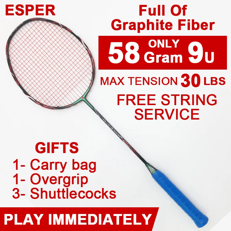 ESPER 58 غرام مضرب بدمنتون الجرافيت الألياف عالية الجودة مضرب خفيفة الوزن 9U ألياف الكربون مضرب مع سلسلة والهدايا