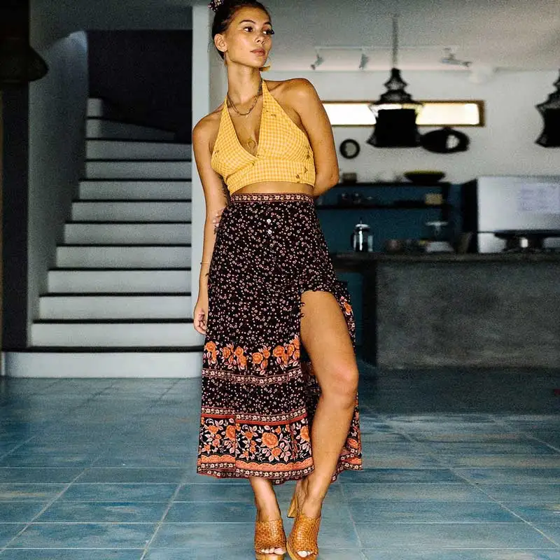 

Boho Inspired DAHLIA SKIRT IN COCOA button through long skirt border printed hem Spring summer skirts women 2019 bohemian faldas