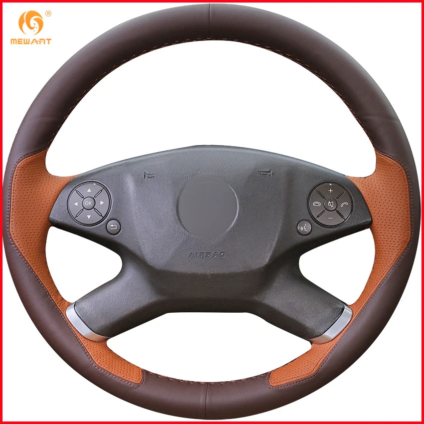 

MEWANT Wine Red Leather Brown Leather Car Steering Wheel Cover for Mercedes Benz E-Class W212 E 200 260 300 2009-2013 Interior
