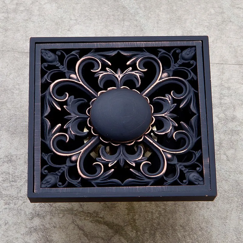 Oil Rubbed Bronze Shower Drain Squar Bath Fish Art Carved Flower Bathroom Floor Waste Grate Shower Drain Drainer KD008