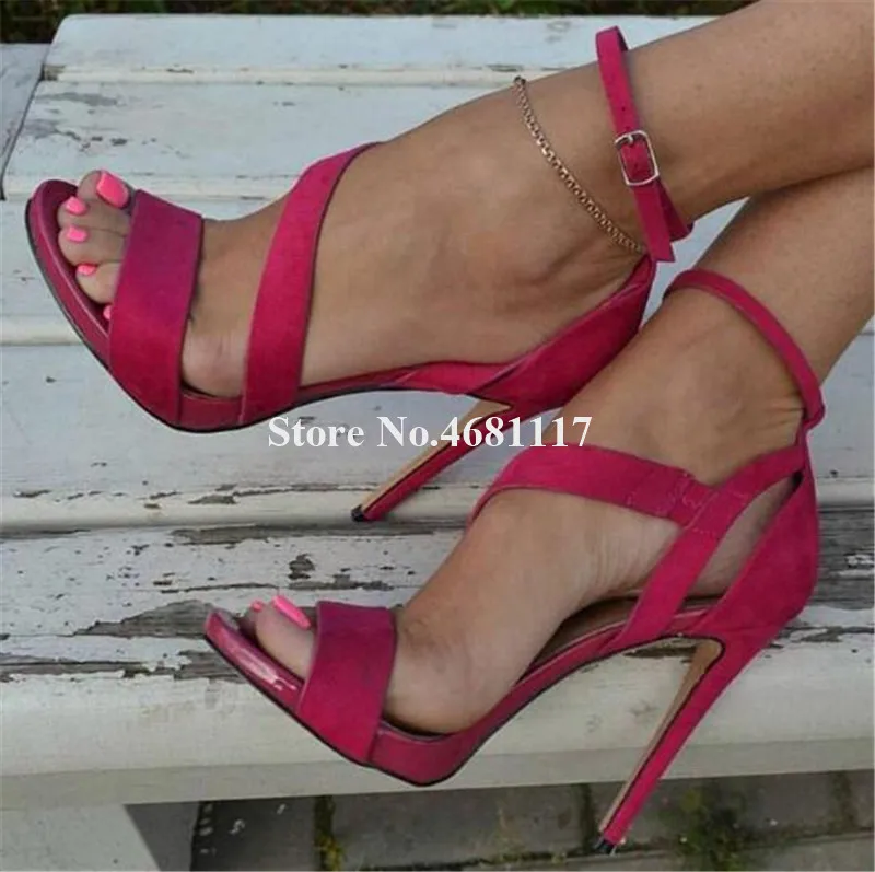

Women Charming Beautiful Suede Leather Stiletto Heel Sandals Rose Red Ankle Straps High Heel Sandals Dress Shoes Heels