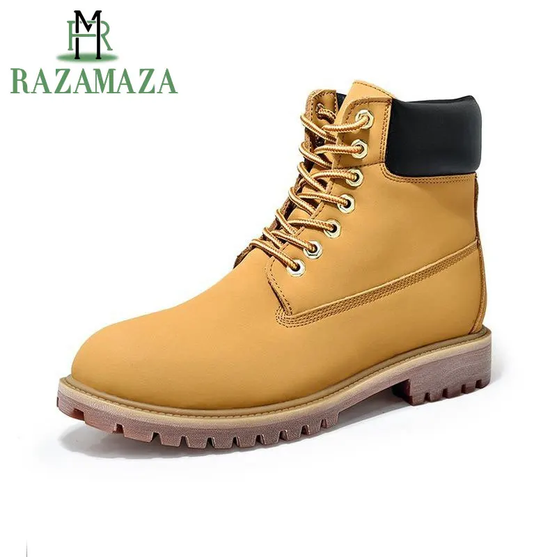 

RAZAMAZA Men Real Leather Ankle Boots Winter Round Toe Lace Up Warm Outdoor Boots Fashion Work Shoes Male Footwear Size 40-44