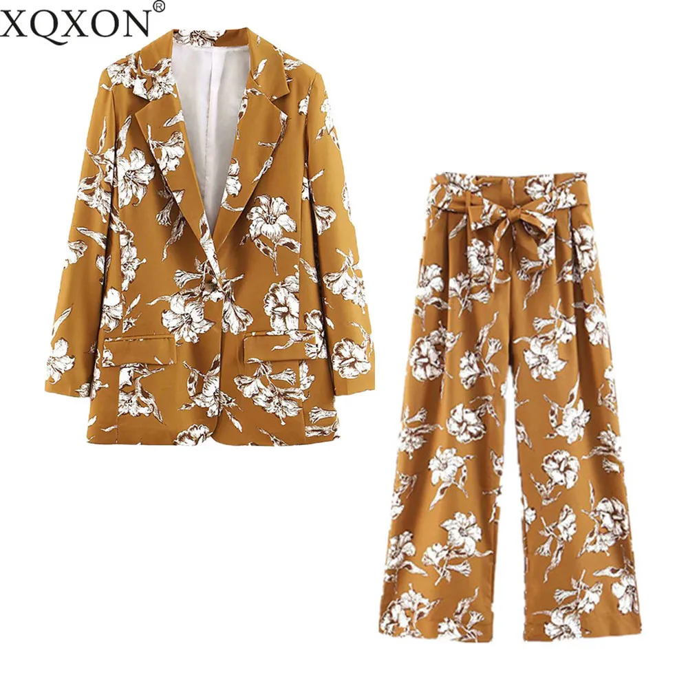 

2019 Summer Suit Set Leisure Floral Printing Blazer Jacket High Waist Straight Pants Suit Two Piece Set Vacation Clothes Women