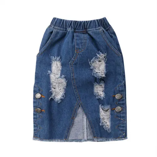 

2018 Brand New Summer Fashion Newborn Baby Girls Kids Bodycon Stretch Ripped Denim Hole Long Skirt Fashion Skirts Age 1-6T