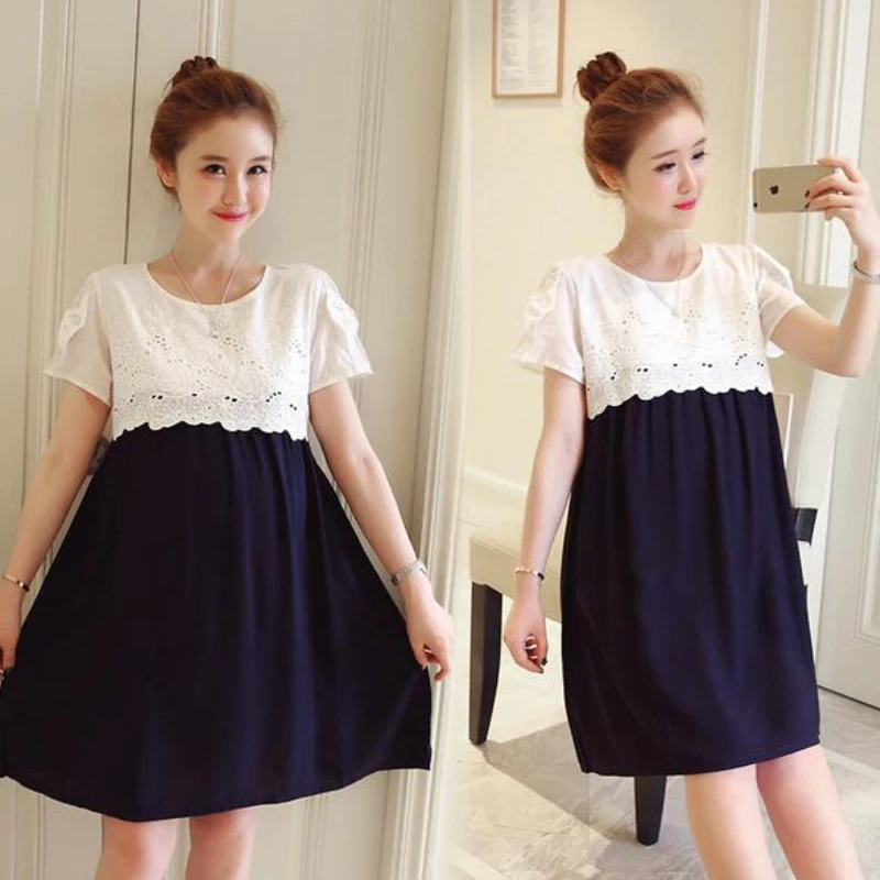 Pregnant Women Lace Splicing Patchwork Dress Summer Pregnancy Clothes for Pregnant Casual Loose Short Sleeve Maternity Dresses (8)