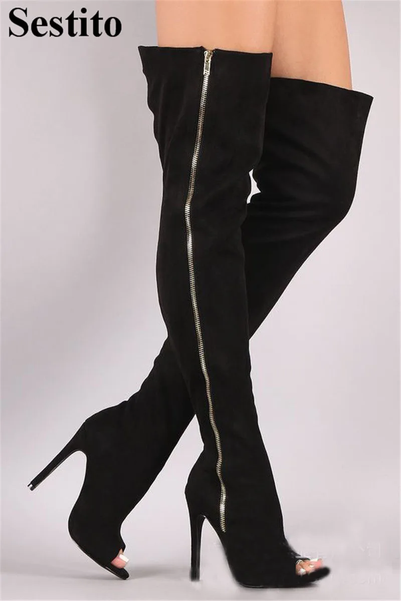 

Fashion Black Flock Long Woman Boots Peep Toe Super High Heel Over-the-Knee Boots Women Thin Heels Zip Women Shoes Spring/Autumn