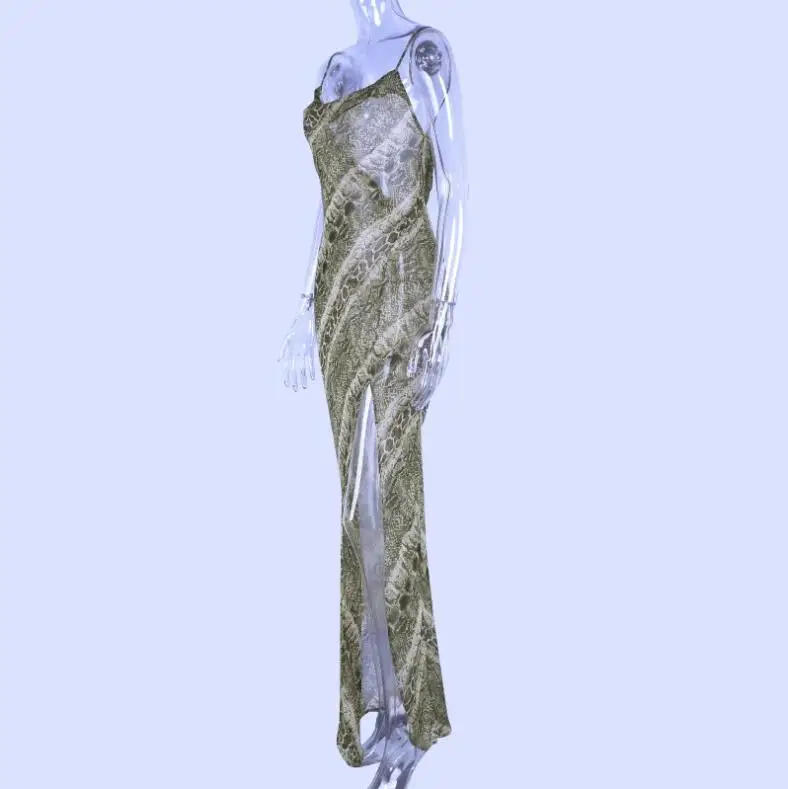 Сетчатые прозрачные пикантные платья из змеиной кожи на тонких бретельках с разрезом, с открытой спиной, элегантные рождественские вечерние длинные платья