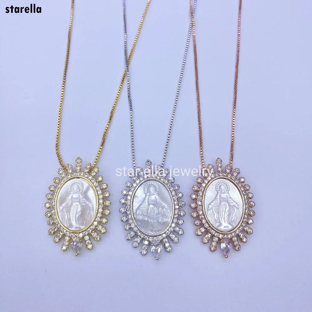 

5pcs/lot Mary Necklace Micro Pave CZ Mother of Pearl Virgin Maria Pendant Necklace Collares Jewelry Joyeria