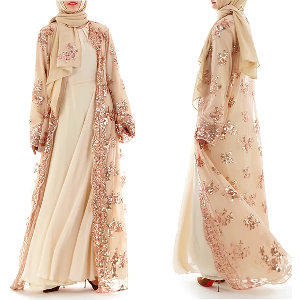 Женское мусульманское платье, топ, кружевной кардиган с блестками, макси платье, кимоно, открытая абайя, халат, кафтан, Дубай - Цвет: Khaki