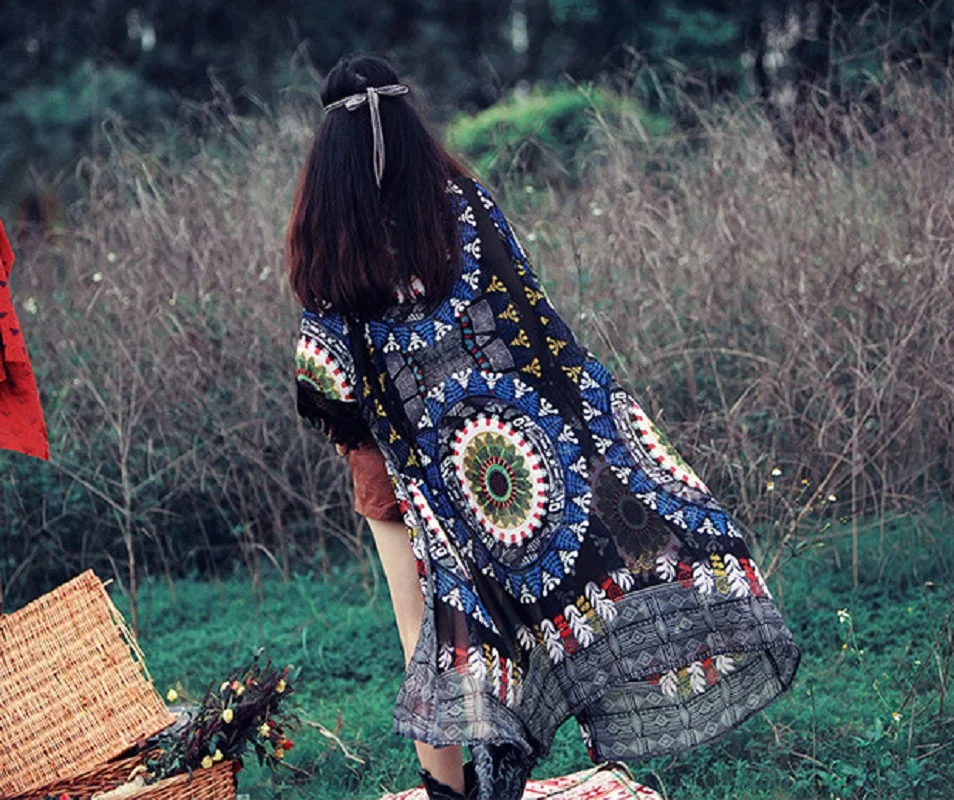 2017 Summer New Women Europe and America Embroidery Long Kimono Printed Chiffon Sun Protection Beach Cardigan |