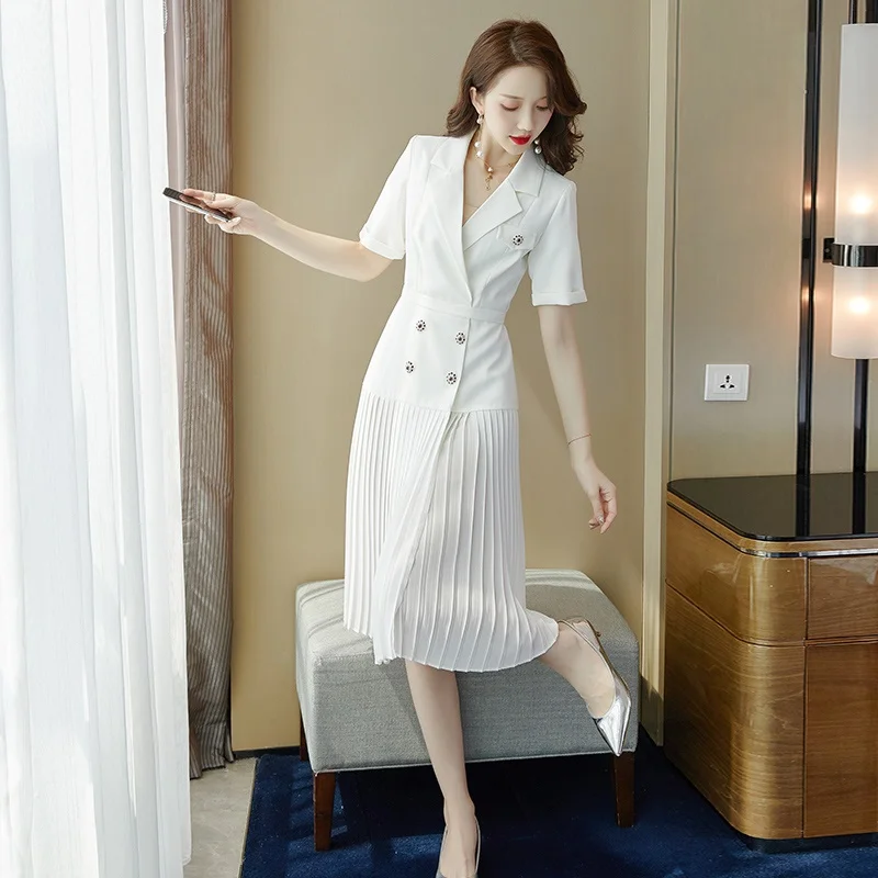 Женское летнее элегантное белое платье-блейзер высокого качества, женское дизайнерское офисное платье, женское шифоновое плиссированное платье DD2012