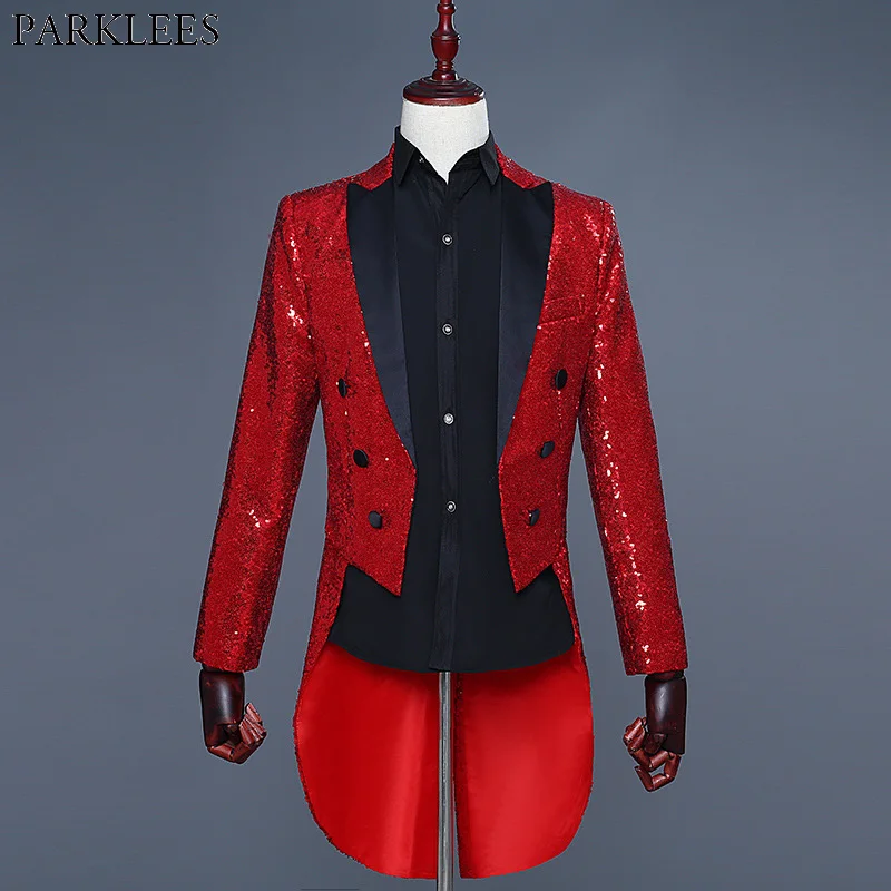 Shiny Red Sequin Glitter Embellished Tuxedo Blazer Men Nightclub DJ ...