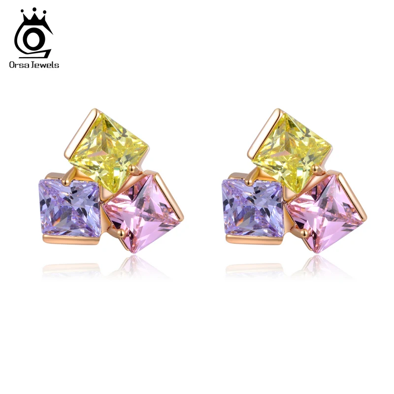 

ORSA JEWELS Earring Triple Colors Princess Cut AAA Austrian Cubic Zircon Square Rose Gold Color Colorful Earring for Woman OME09