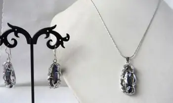 

8mmx20mm Black Baroque Biwa Freshwater Pearl Zircon Earring Necklace Set