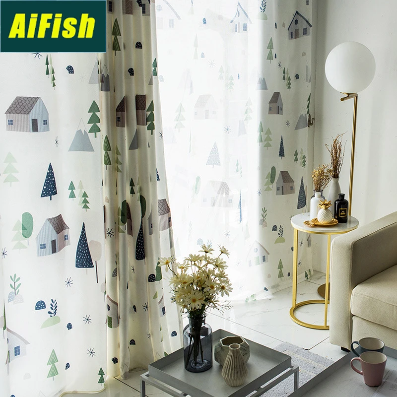 

Cartoon Tree House Printed Semi Blackout Curtains for Children Kids Room Ready Made Sheer Drapery Curtain Tull M0544
