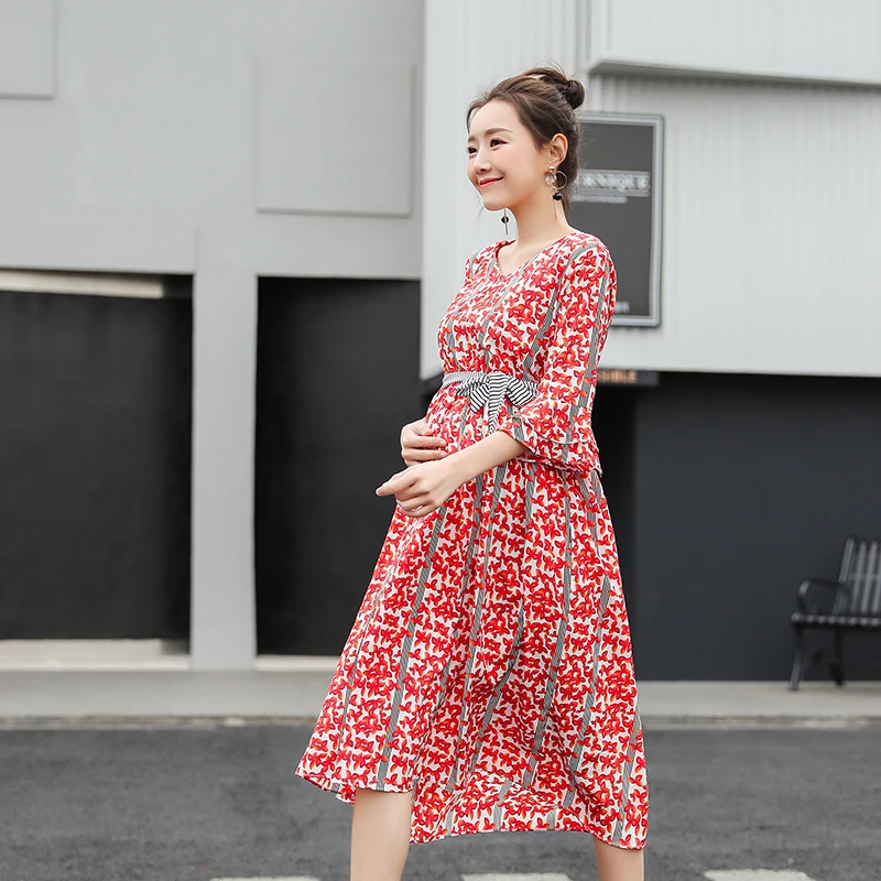 

Summer Long Maternity Dress Maternity Clothing Floral Fashion Loose Clothes for Pregnant Women Bell Sleeve Green Red Dress C755
