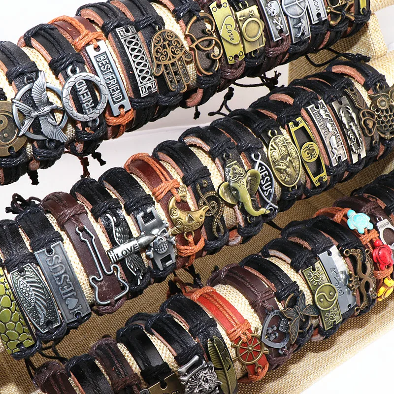 50 шт./лот кожаные привлекательные металлические браслеты для мужчин винтажные браслеты на запястье для женщин Подарки Ювелирные изделия смешанный стиль