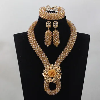 

Shiny Gold/Champagne Dubai Women Wedding African Beads Necklace Set Nigerian Crystal Engagement Jewelry Gift Free Shipping QW671