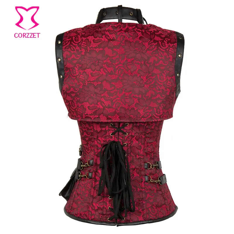 Корзет красная кожа панцири Стимпанк Overbust Корсеты и куртки талии тренер стальная