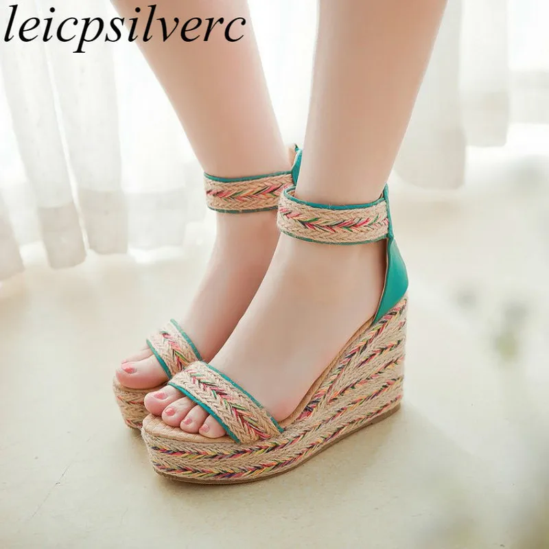 

Women Sandals Super High Heel Beach Shoe Summer Pu Zip Platform Wedges 2018 New Sexy Fashion Casual Party Black Beige Sky Blue