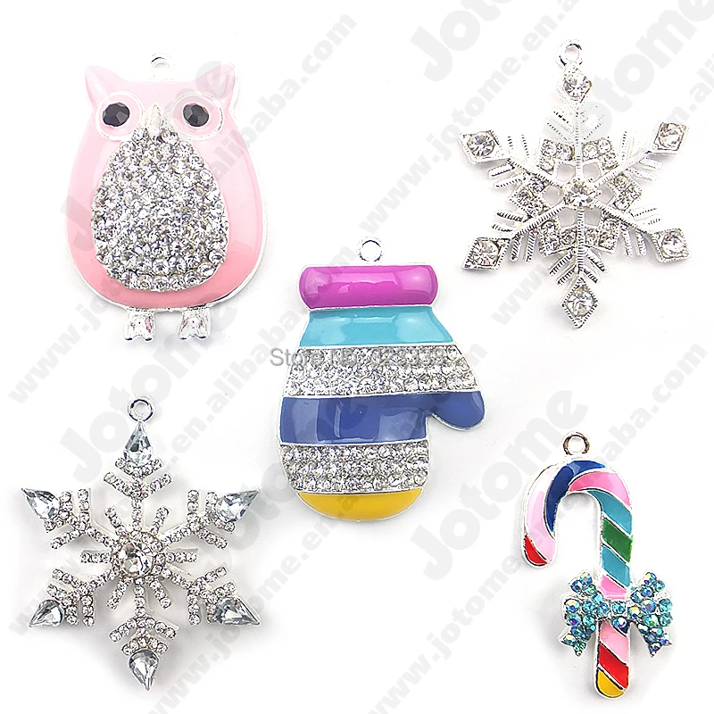 

Free shipping 50pcs/lot Wholesale Pink Owl Snowflake Gloves Candy Cane Rhinestone Charms Pendant for Christmas Kids Necklace