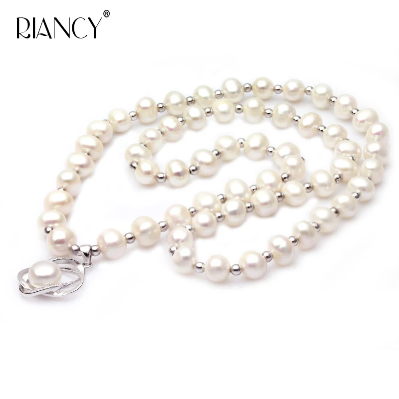 

Real White Freshwater Pearl long Necklace 60cm for Women 925 Sterling Silver Jewelry wedding gift