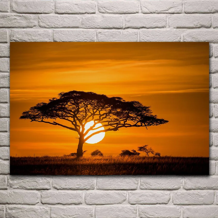 70 36 De Réductioncoucher De Soleil Savane Africaine Nature Paysage Arbres Graminées Kc418 Salon Maison Mur Moderne Art Décor Bois Cadre Tissu