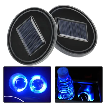

beler 2pcs Car Solar Energy Cup Holder Bottom Pad Mat Blue LED Light Cover Trim Atmosphere Lamp Decor for VW Audi BMW Hyundai