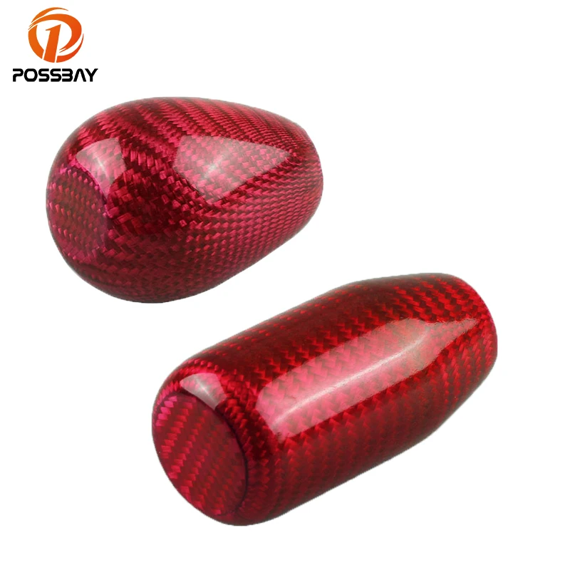 POSSBAY Red Carbon Fiber Aluminum Car Gear Shift Knob Shifter Lever