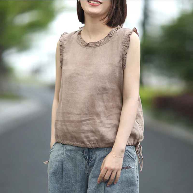

Johnature 2019 Summer New Linen Tanks Women Solid Color Sleeveless O-Neck Ruffles Casual Women Loose Cloths 3 Colors Tanks